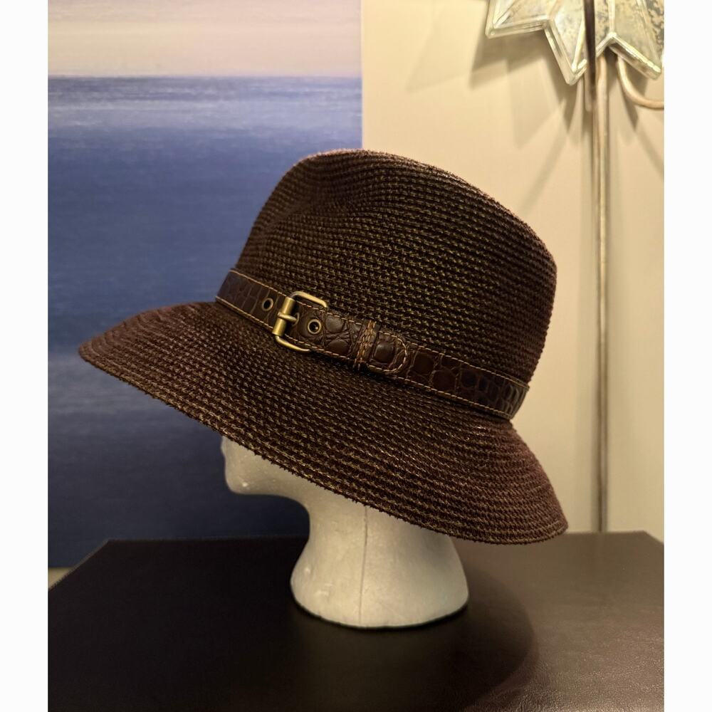 Eric Javits Brown Woven Cloche Hat Leather Buckle Wide Brim Designer Womens - Picture 6 of 9